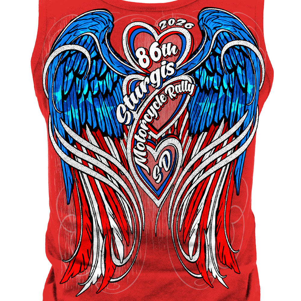 2026 Sturgis Motorcycle Rally Flag Heart Angel Ladies Red Racer Back Tank Top SPL2902
