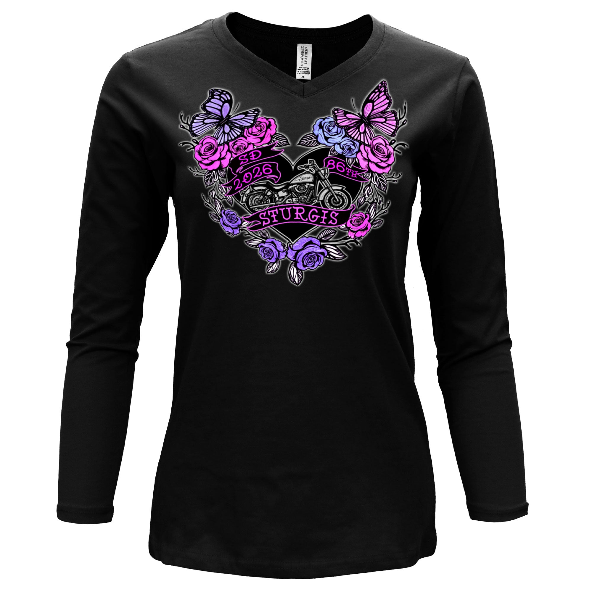 2026 Sturgis Motorcycle Rally Butterflies and Roses LS Ladies Black Shirt SPL3897