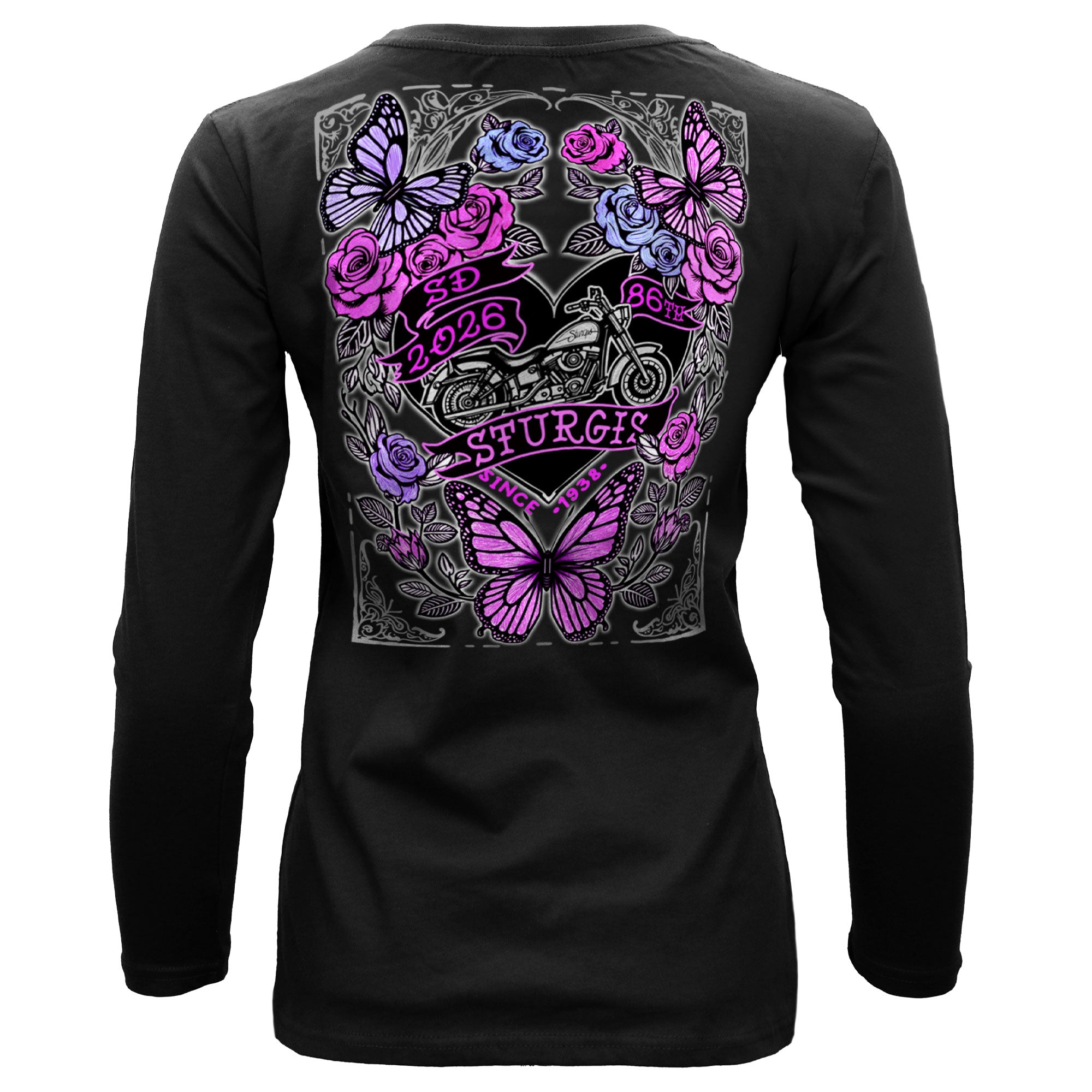 2026 Sturgis Motorcycle Rally Butterflies and Roses LS Ladies Black Shirt SPL3897
