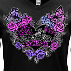 2026 Sturgis Motorcycle Rally Butterflies and Roses LS Ladies Black Shirt SPL3897