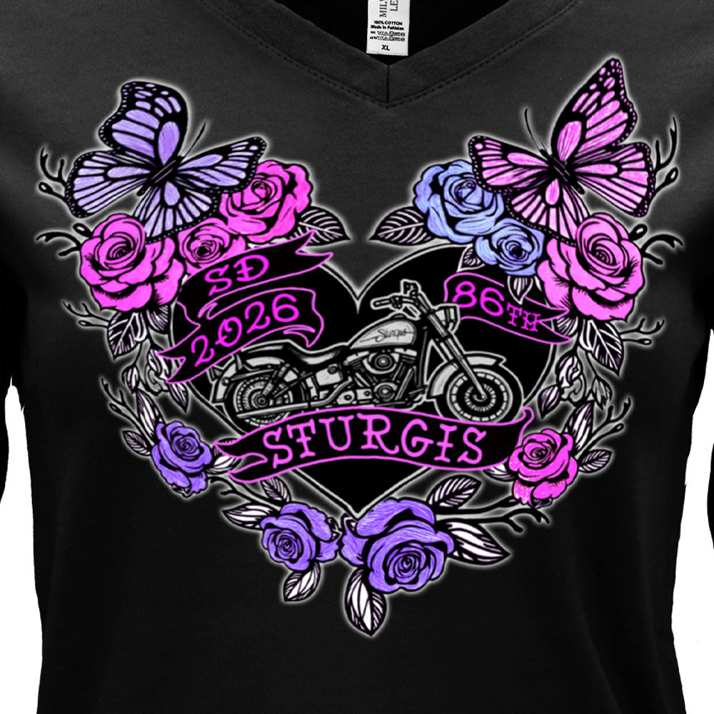 2026 Sturgis Motorcycle Rally Butterflies and Roses LS Ladies Black Shirt SPL3897