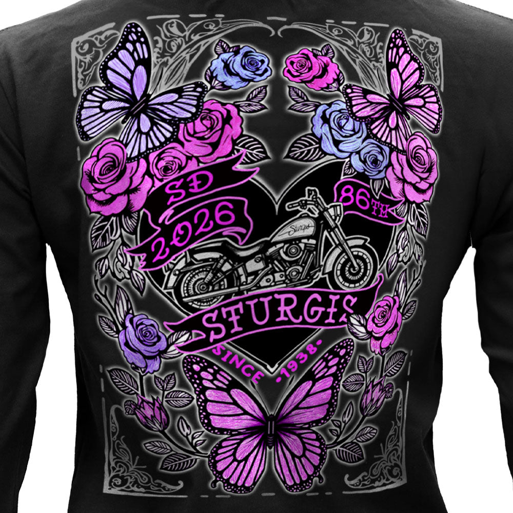 2026 Sturgis Motorcycle Rally Butterflies and Roses LS Ladies Black Shirt SPL3897