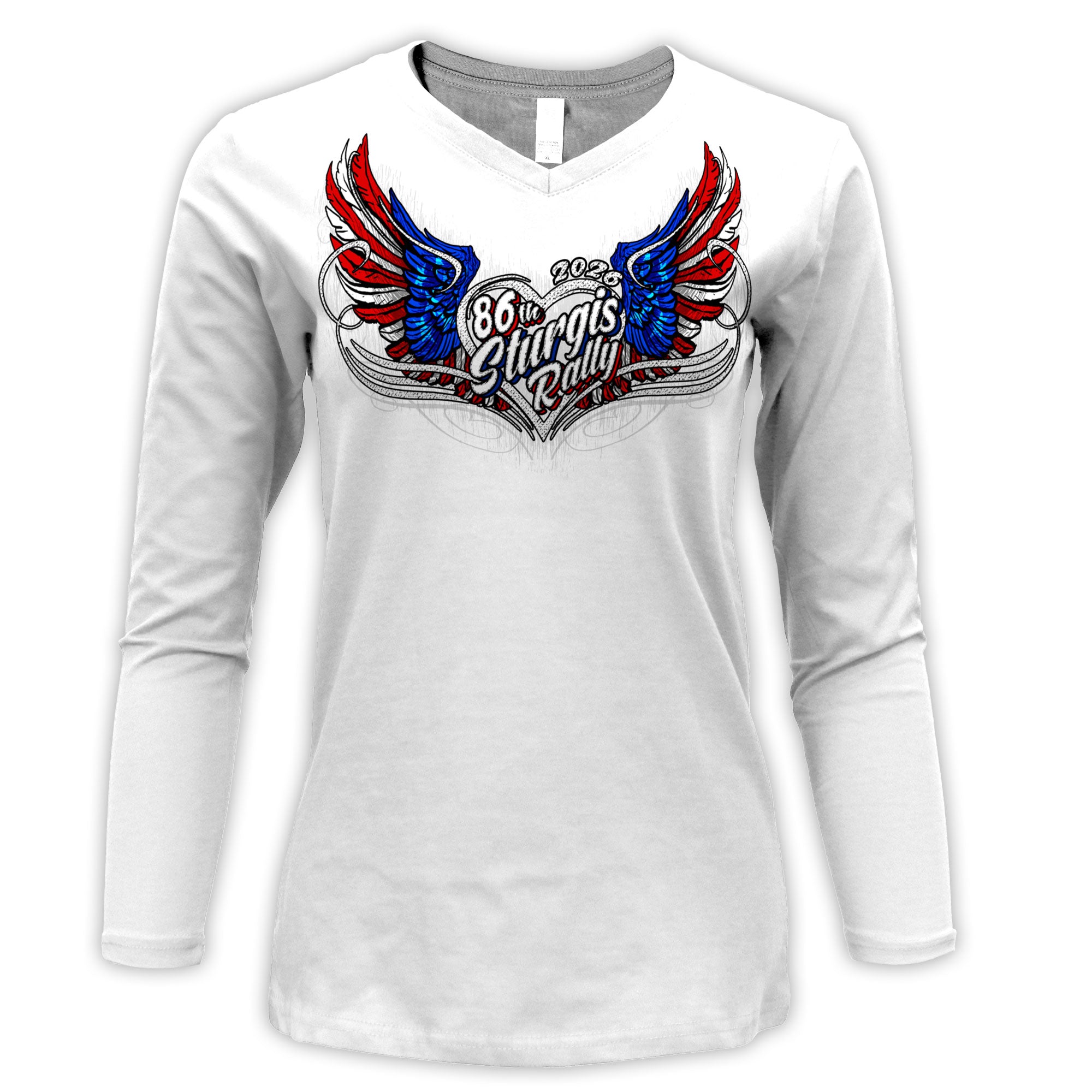 2026 Sturgis Motorcycle Rally Flag Heart Angel LS Ladies White Shirt SPL3900