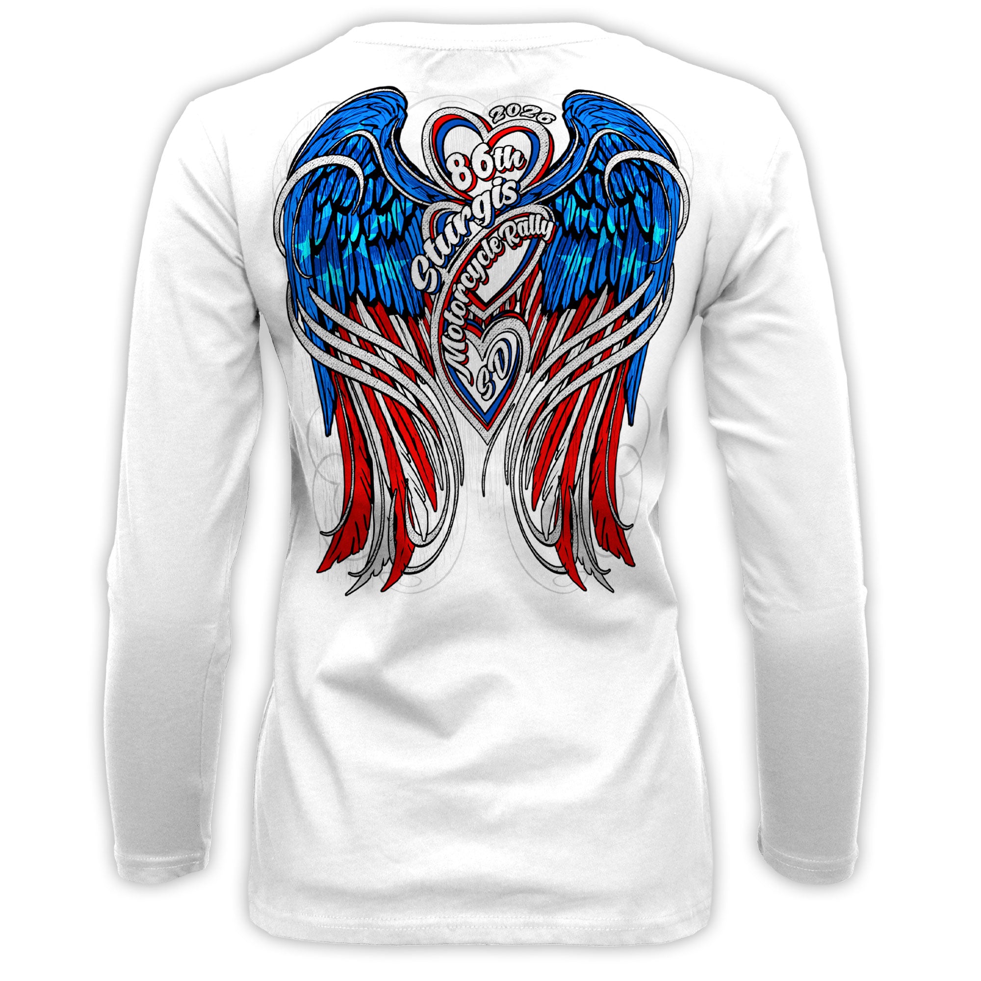 2026 Sturgis Motorcycle Rally Flag Heart Angel LS Ladies White Shirt SPL3900