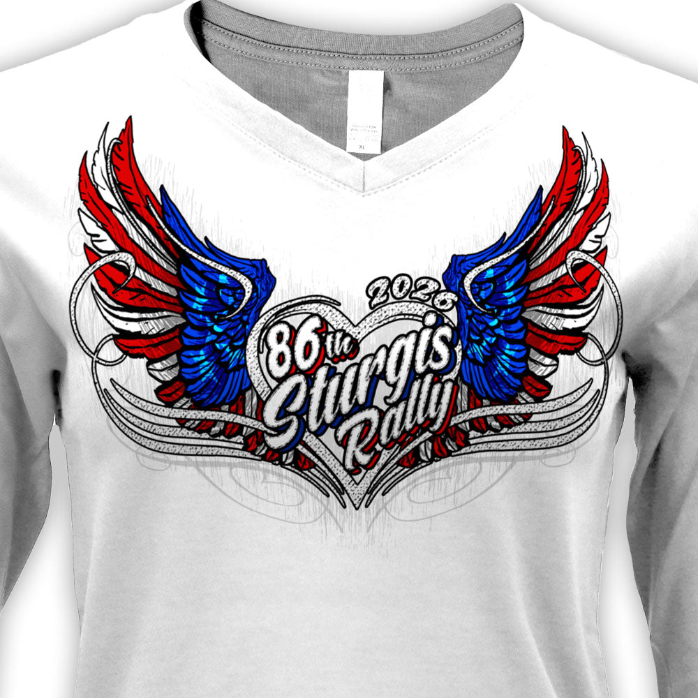 2026 Sturgis Motorcycle Rally Flag Heart Angel LS Ladies White Shirt SPL3900