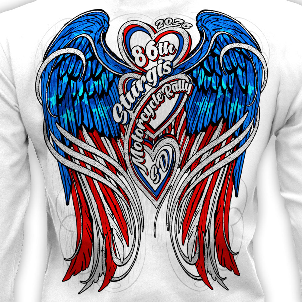 2026 Sturgis Motorcycle Rally Flag Heart Angel LS Ladies White Shirt SPL3900