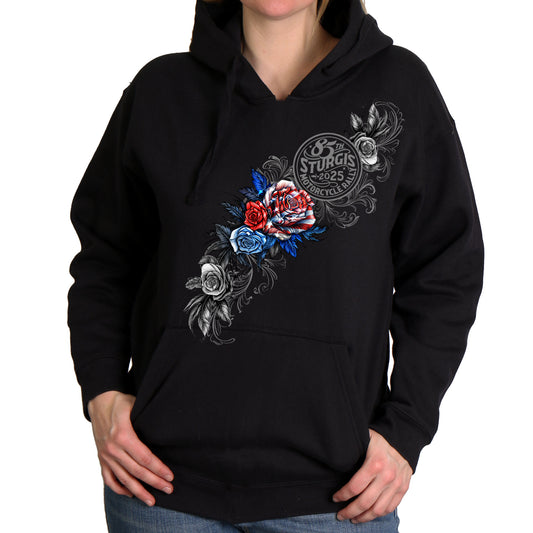 2025 Sturgis Motorcycle Rally Patriotic Roses Black Ladies Hooded Sweat