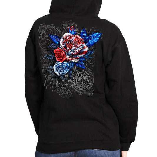 2025 Sturgis Motorcycle Rally Patriotic Roses Black Ladies Hooded Sweat