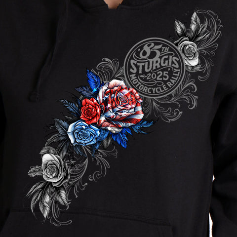 2025 Sturgis Motorcycle Rally Patriotic Roses Black Ladies Hooded Sweat