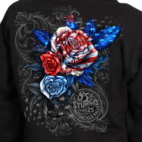 2025 Sturgis Motorcycle Rally Patriotic Roses Black Ladies Hooded Sweat