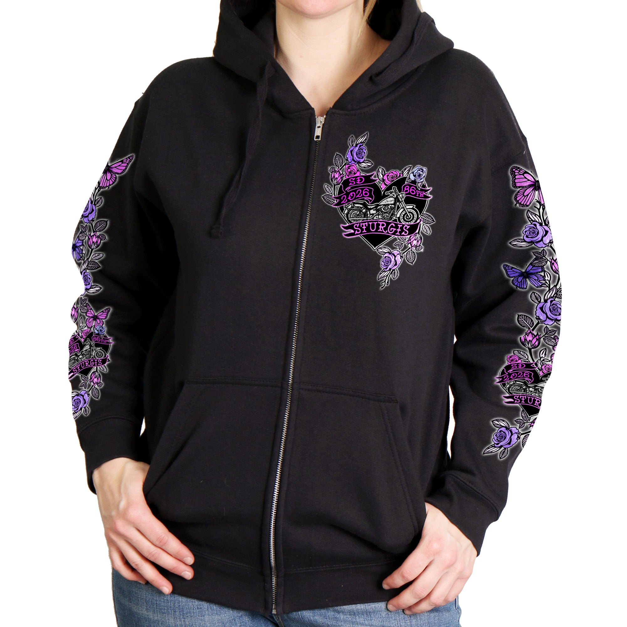 2026 Sturgis Motorcycle Rally Butterflies and roses Black Zip up Hoodie SPL4891