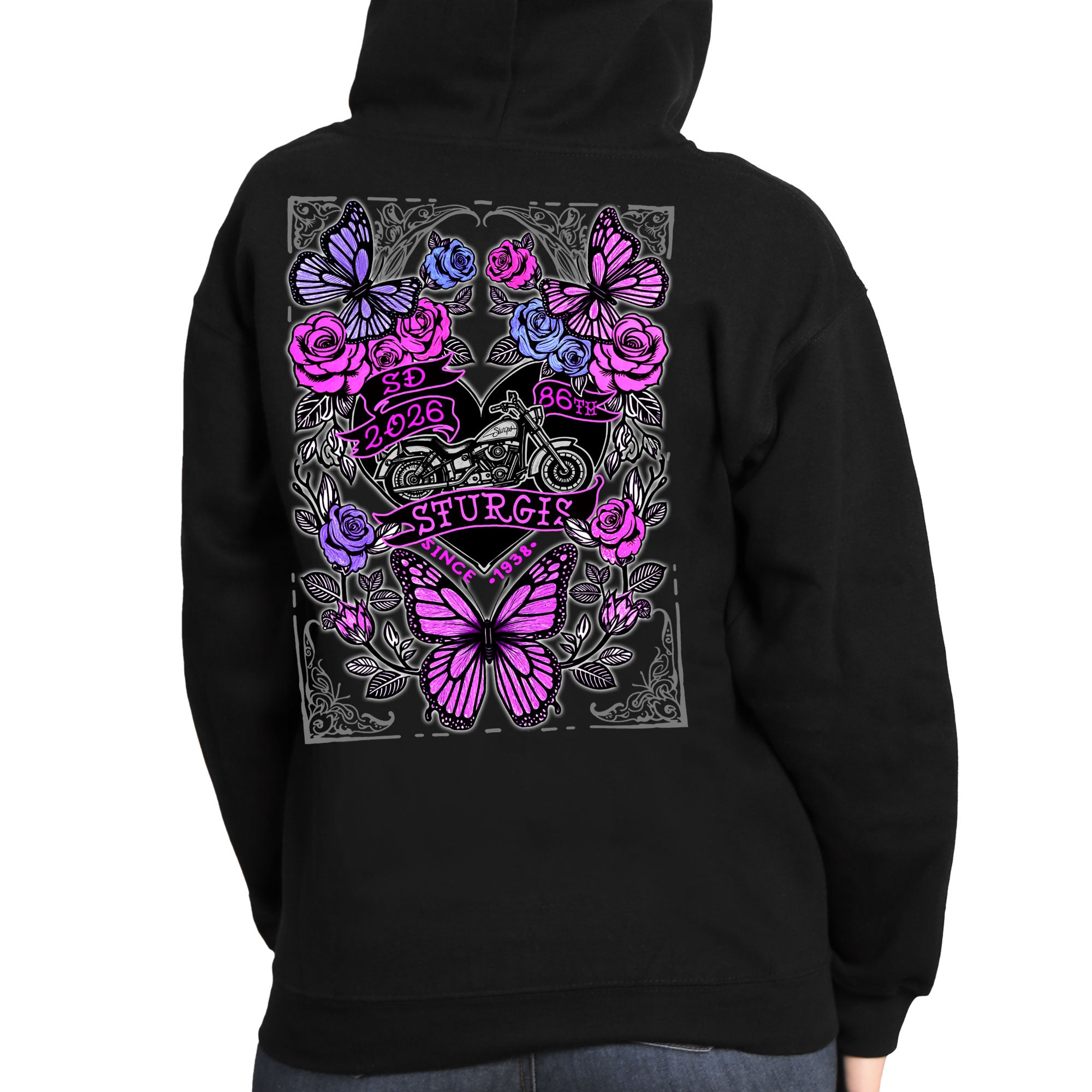 2026 Sturgis Motorcycle Rally Butterflies and roses Black Zip up Hoodie SPL4891