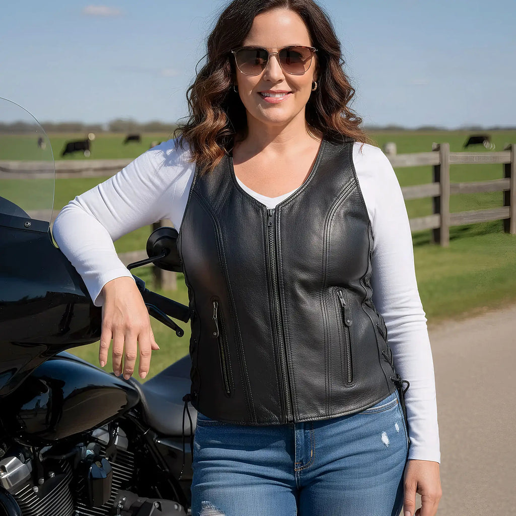 Hot Leathers VSL1013 Ladies motorcycle style Black Leather Side Lace Zip-Up Biker Vest