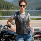 Hot Leathers VSL1013 Ladies motorcycle style Black Leather Side Lace Zip-Up Biker Vest