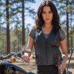 Hot Leathers VSL1015 Ladies Studded Black Motorcycle style Leather Biker Vest with V-Neck Design
