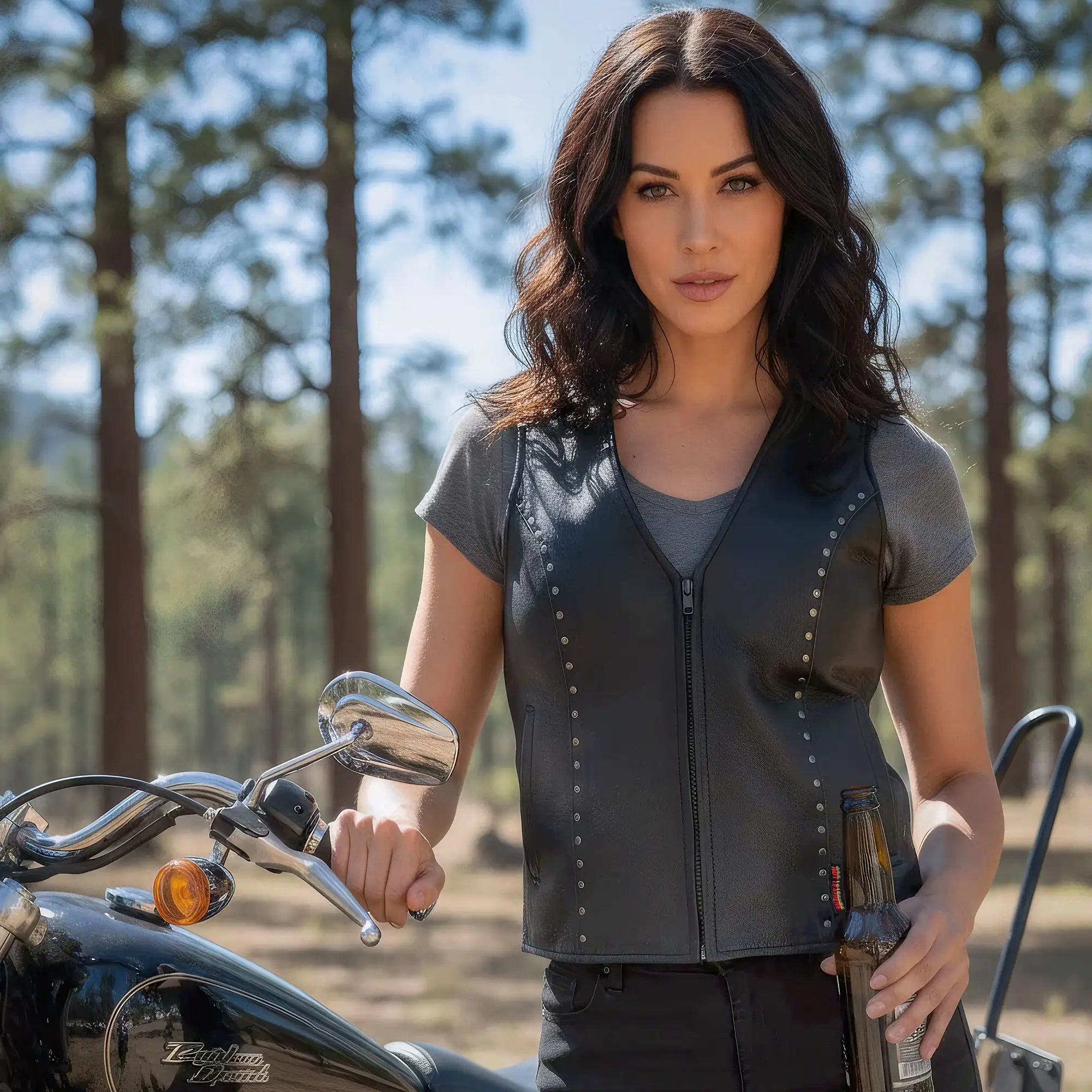 Hot Leathers VSL1015 Ladies Studded Black Motorcycle style Leather Biker Vest with V-Neck Design