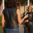 Hot Leathers VSL1015 Ladies Studded Black Motorcycle style Leather Biker Vest with V-Neck Design