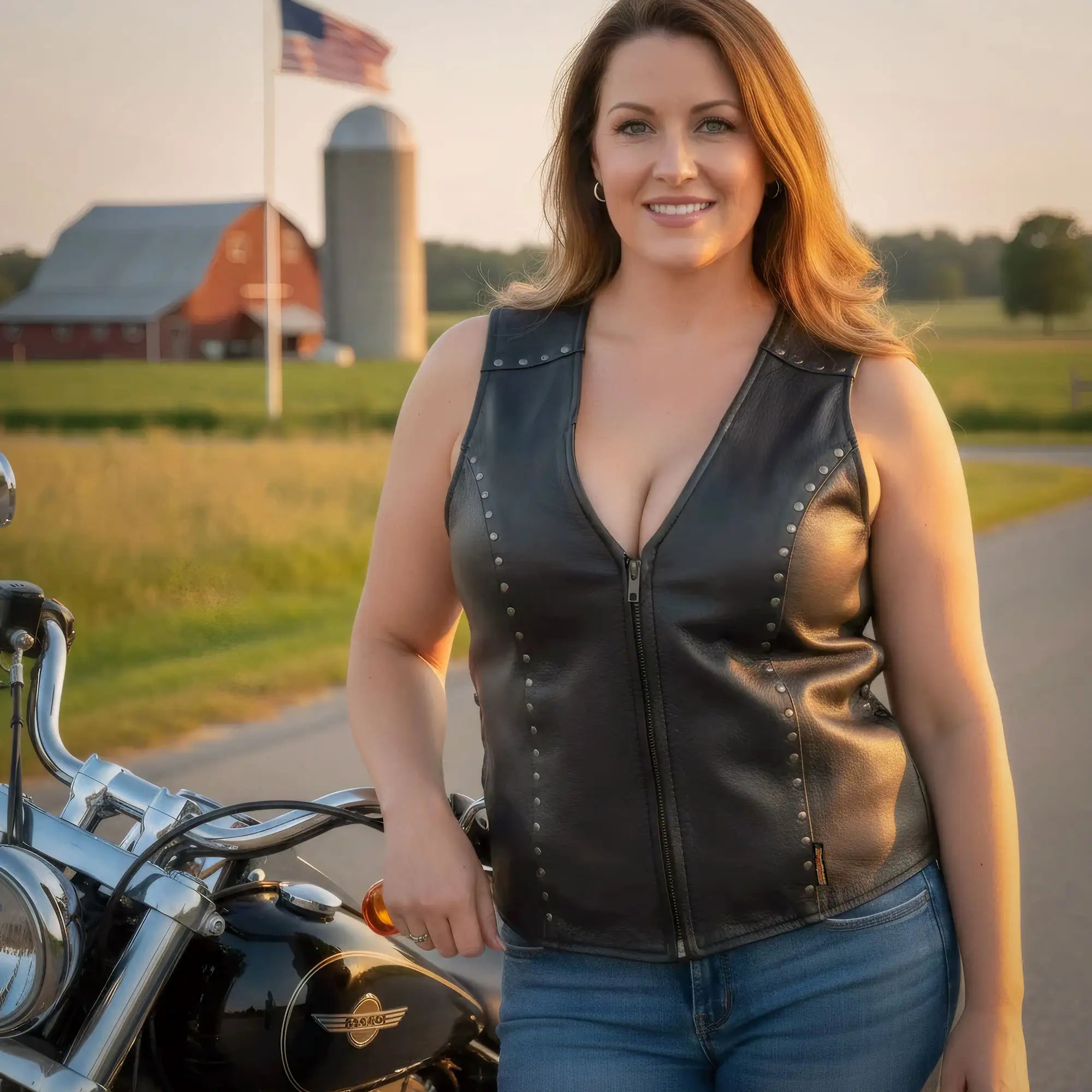 Hot Leathers VSL1015 Ladies Studded Black Motorcycle style Leather Biker Vest with V-Neck Design