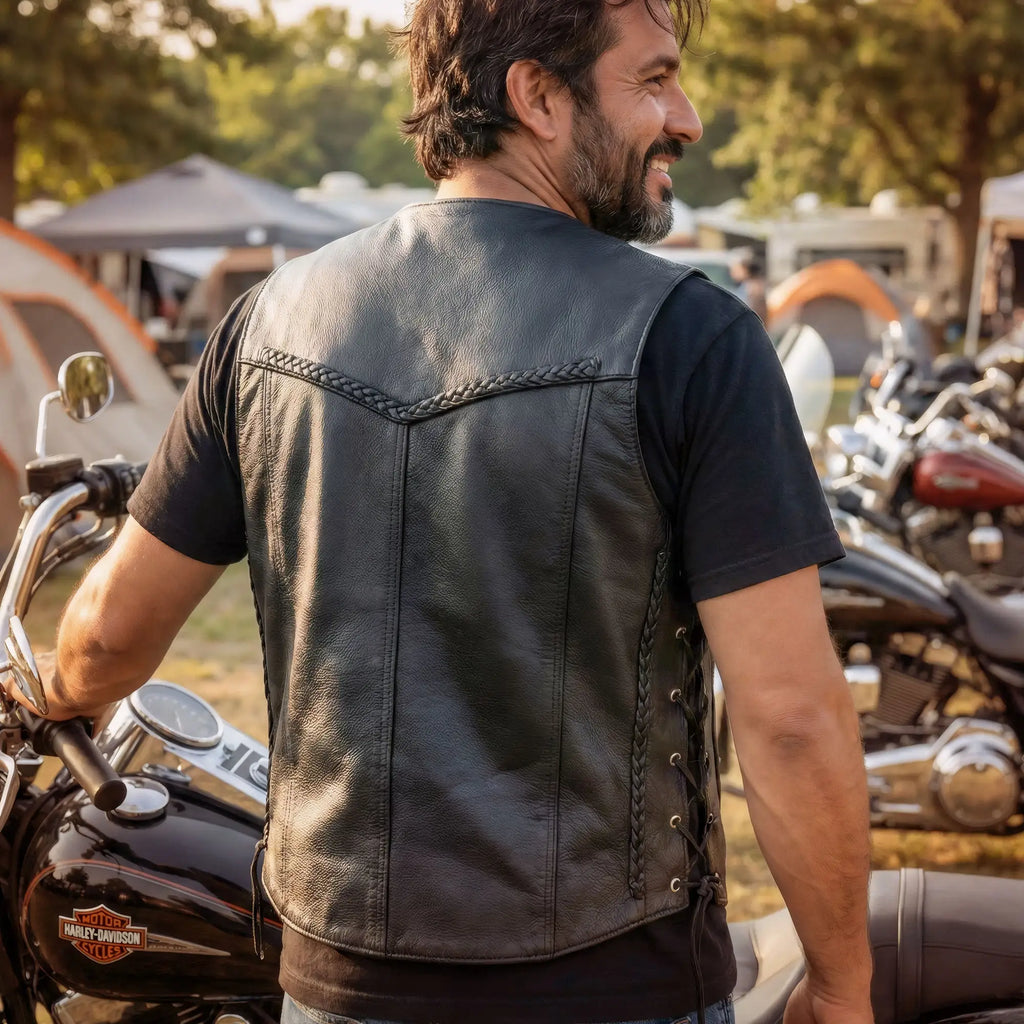 Hot Leathers VSM1008 Men's Motorcycle Black 'Buffalo Nickel Snap' Leather Biker Vest