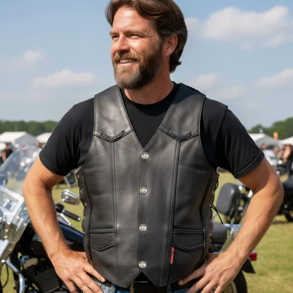 Hot Leathers VSM1008 Men's Motorcycle Black 'Buffalo Nickel Snap' Leather Biker Vest