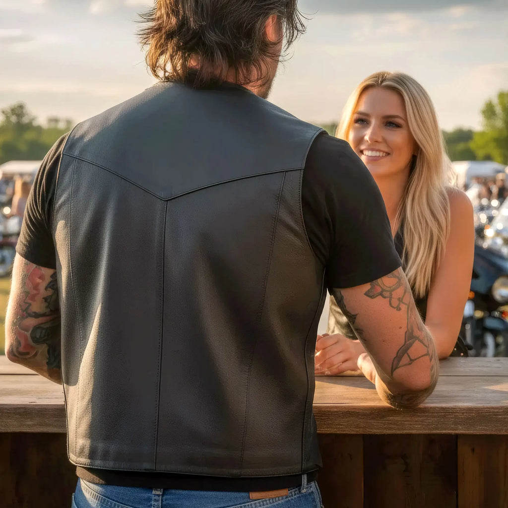 Hot Leathers VSM1015 Men's Black Heavyweight Motorcycle style Leather Biker Vest with Side Laces