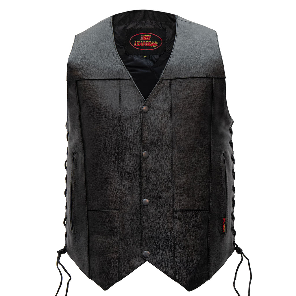 Hot Leathers VSM1017 Men's Motorcycle Black '10 Pocket' Leather Biker Vest with Side Laces