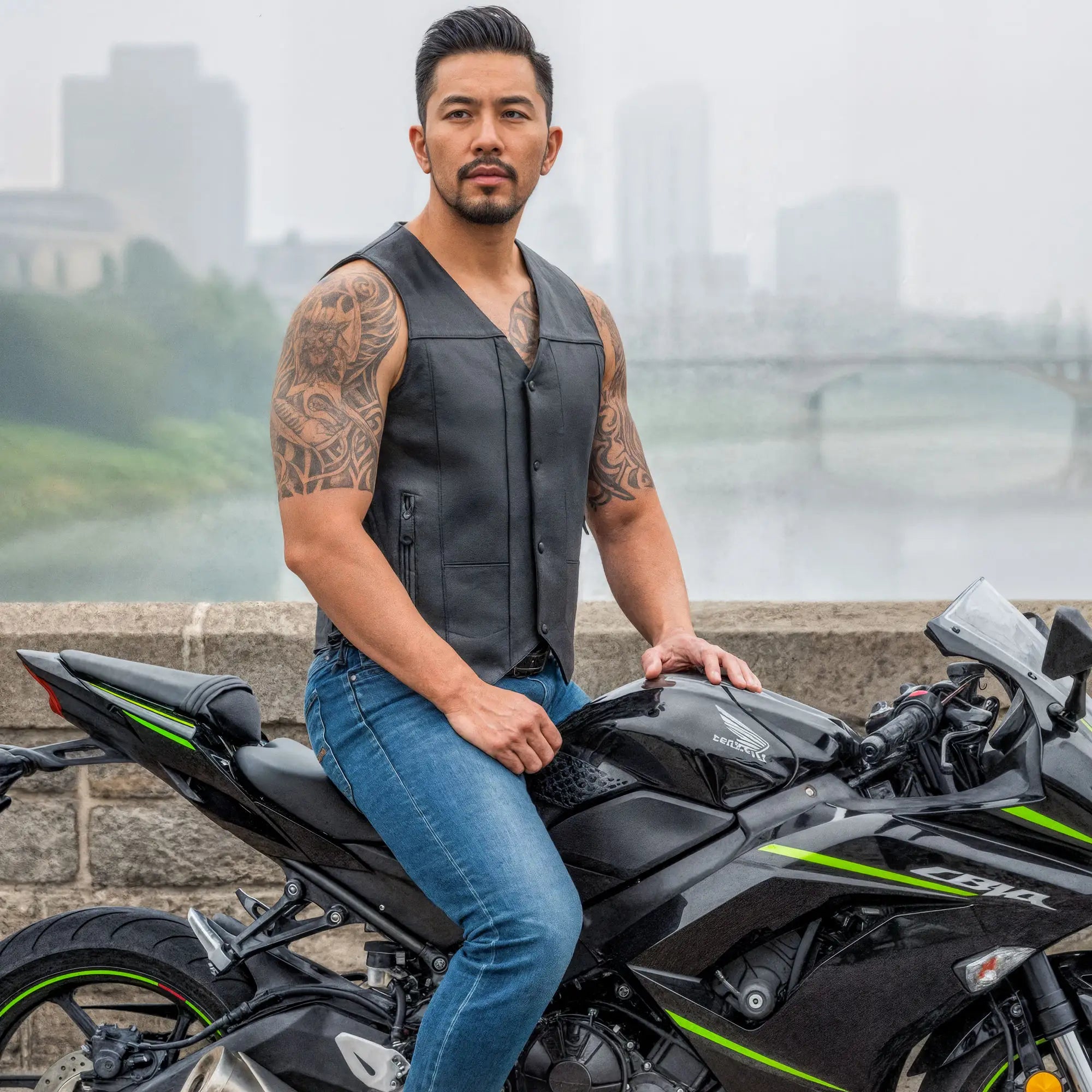 Hot Leathers VSM1017 Men's Motorcycle Black '10 Pocket' Leather Biker Vest with Side Laces