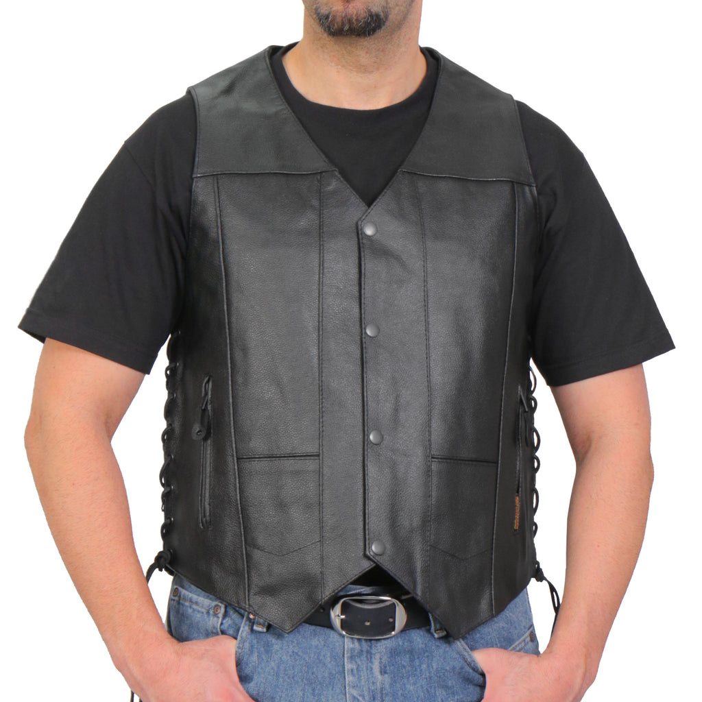 Hot Leathers VSM1017 Men's Motorcycle Black '10 Pocket' Leather Biker Vest with Side Laces