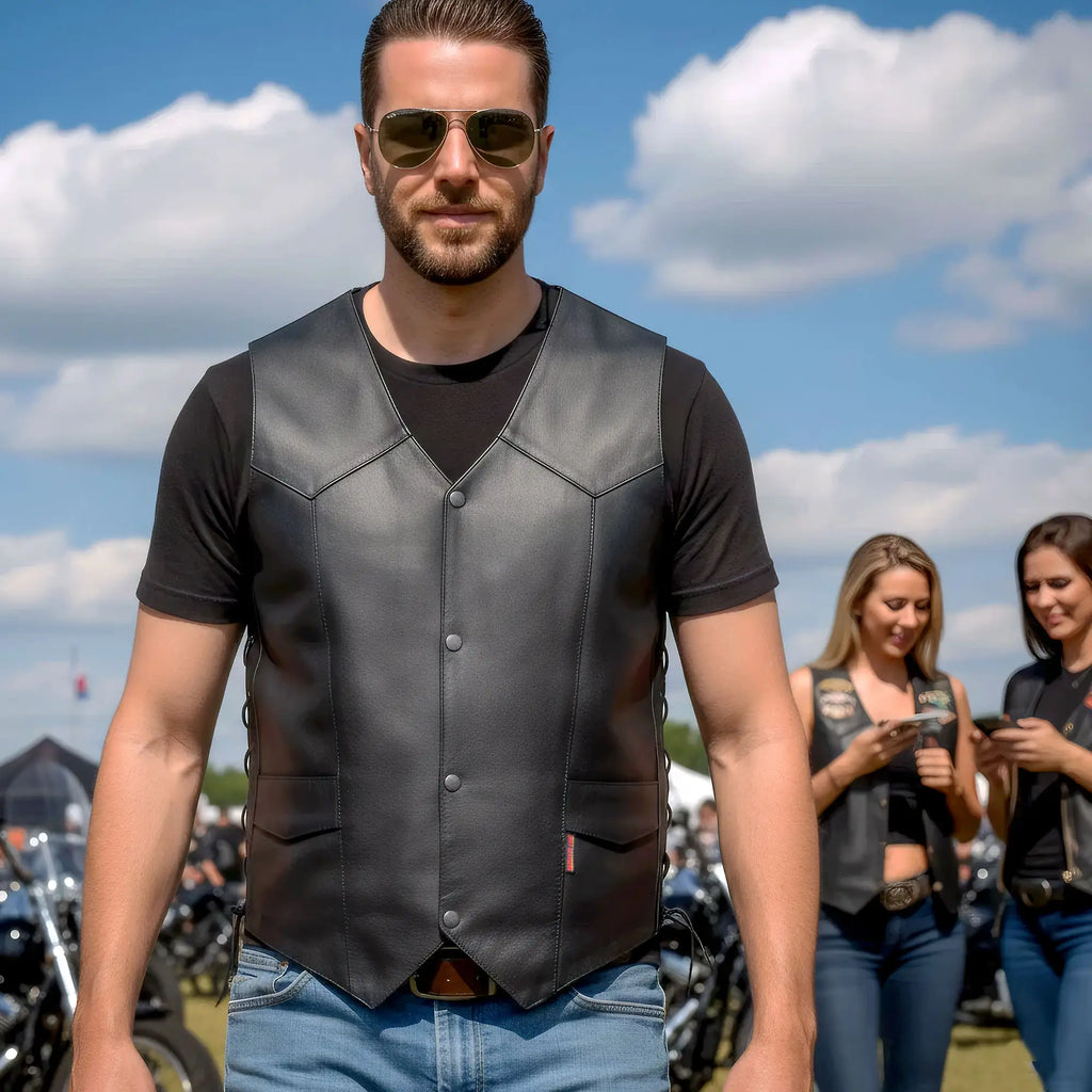 Hot Leathers VSM1033 Men's Black Motorcycle 'Classic Side Lace' Leather Biker Vest