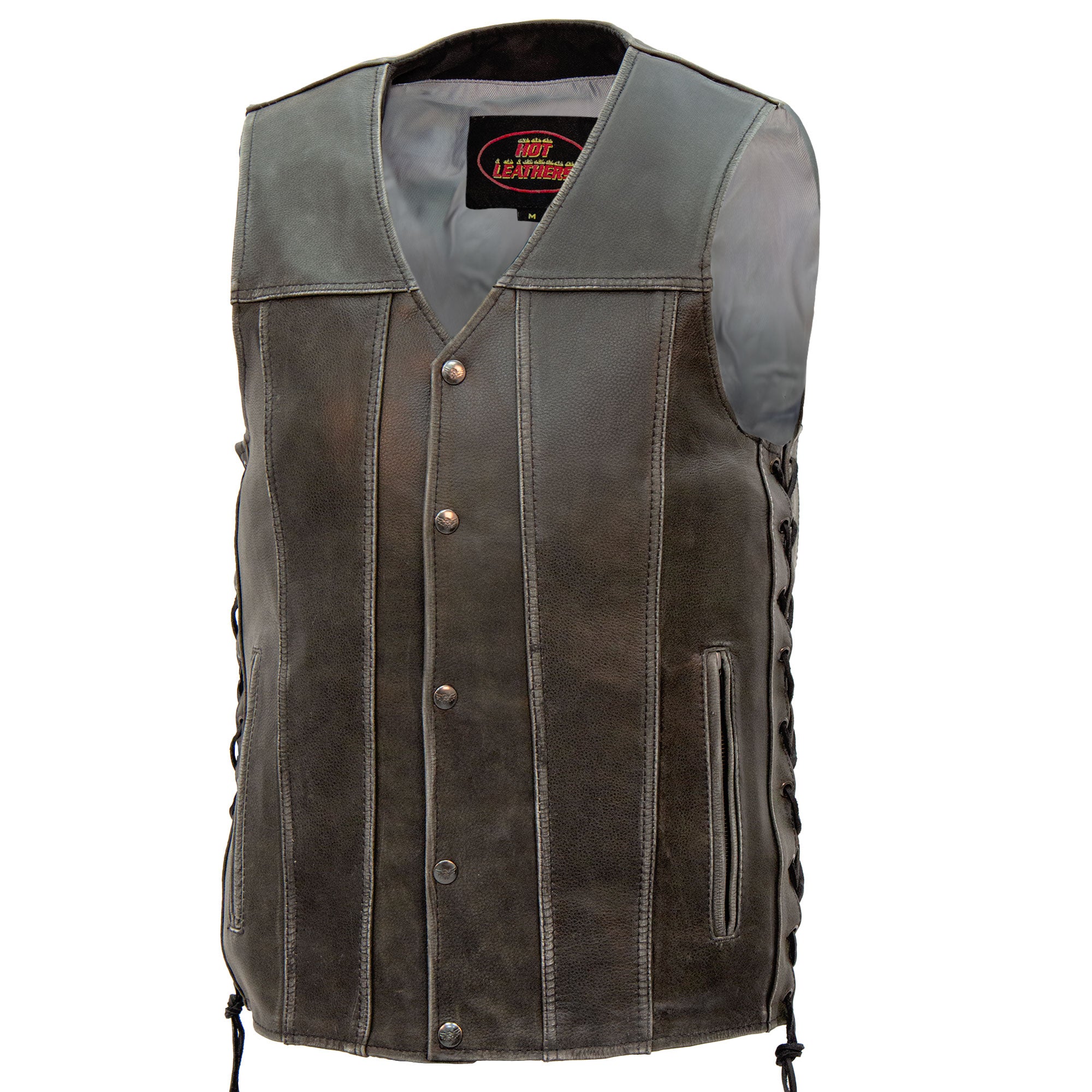 Hot Leathers VSM1041 Men's Motorcycle style Rub-Off Grey 'Side Lace' Leather Biker Vest
