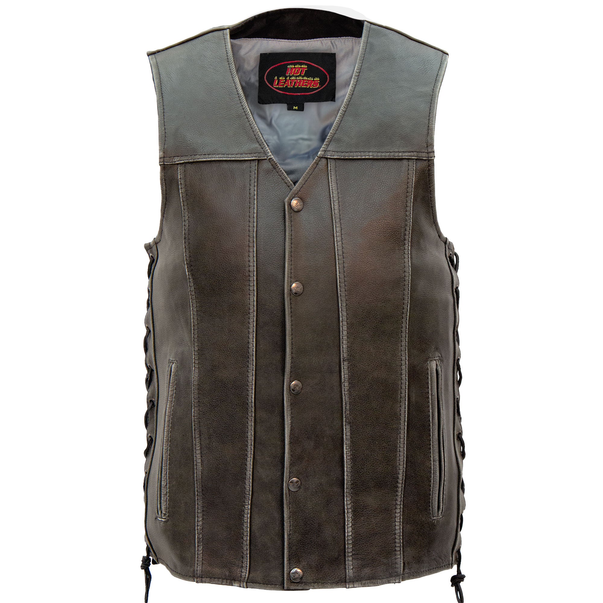 Hot Leathers VSM1041 Men's Motorcycle style Rub-Off Grey 'Side Lace' Leather Biker Vest