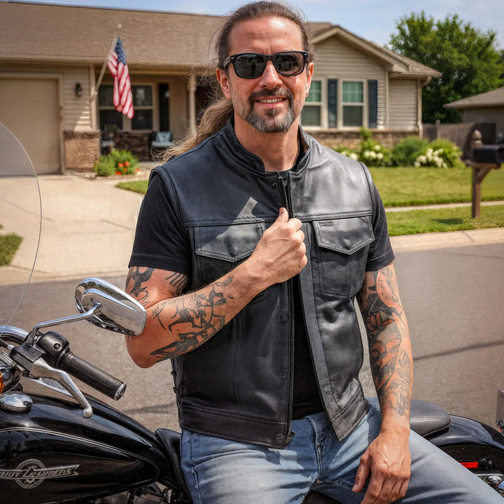 Hot Leathers VSM1049 Men's Black 'Paisley' Motorcycle Club style Conceal and Carry Leather Biker Vest