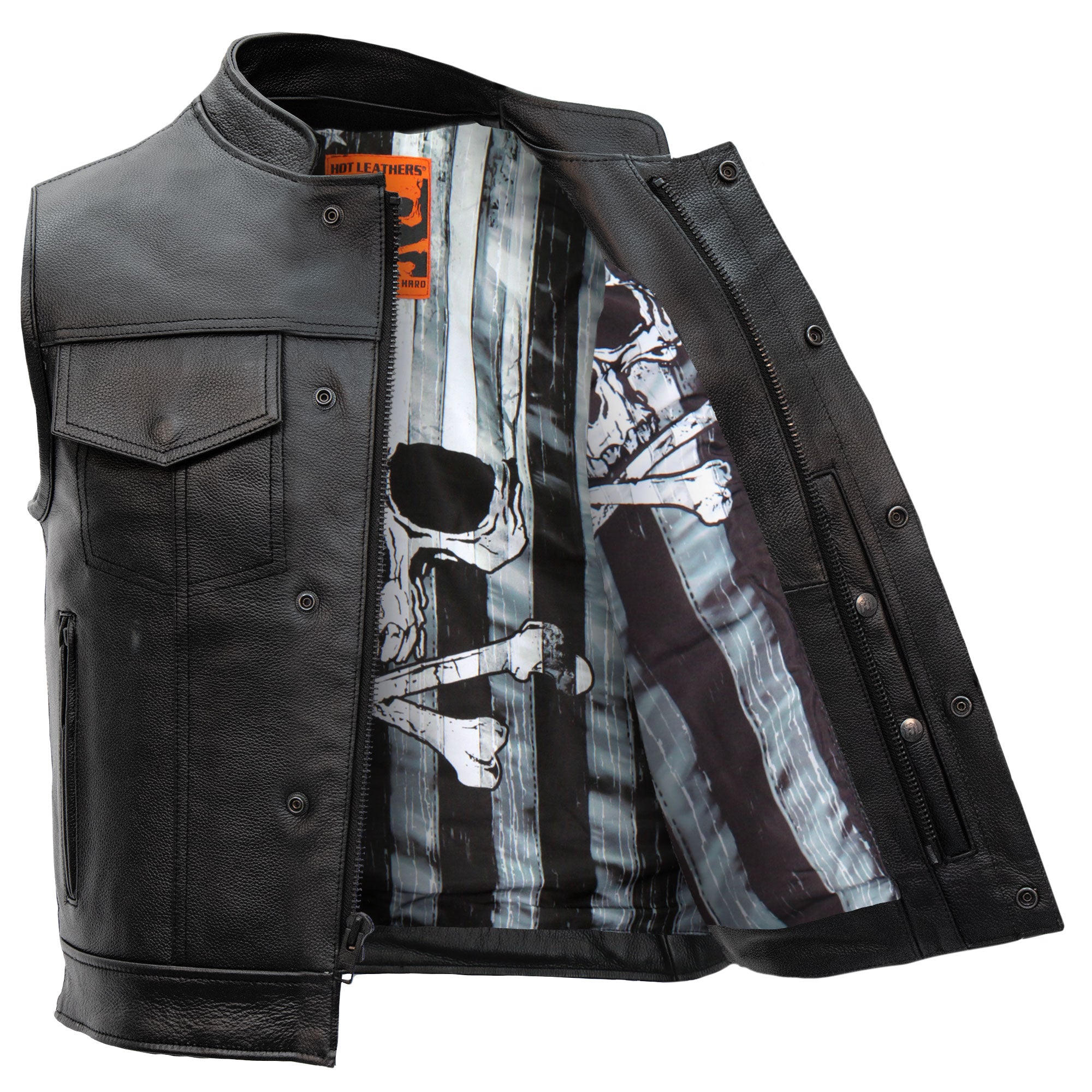 Hot Leathers VSM1054 Men’s Black 'Skull Flag' Motorcycle Club style Conceal and Carry Leather Biker Vest