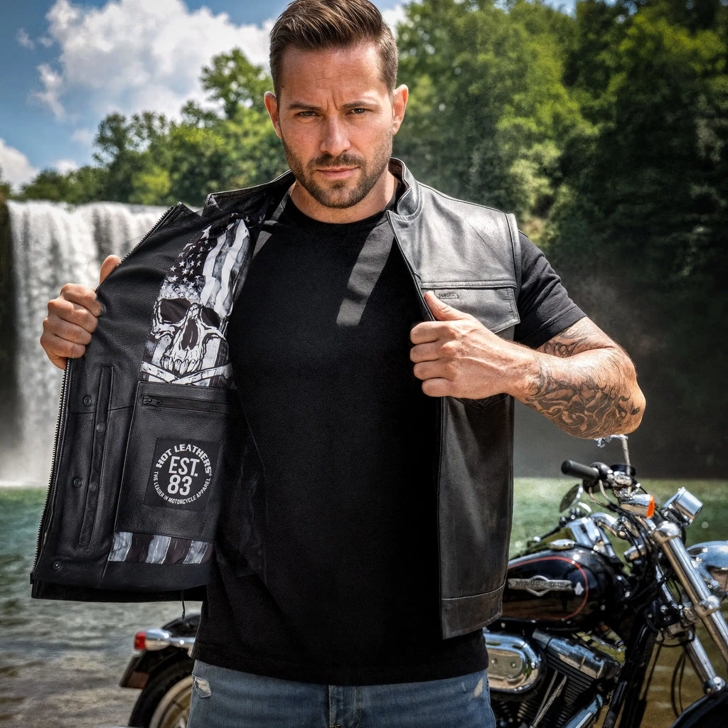 Hot Leathers VSM1054 Men’s Black 'Skull Flag' Motorcycle Club style Conceal and Carry Leather Biker Vest