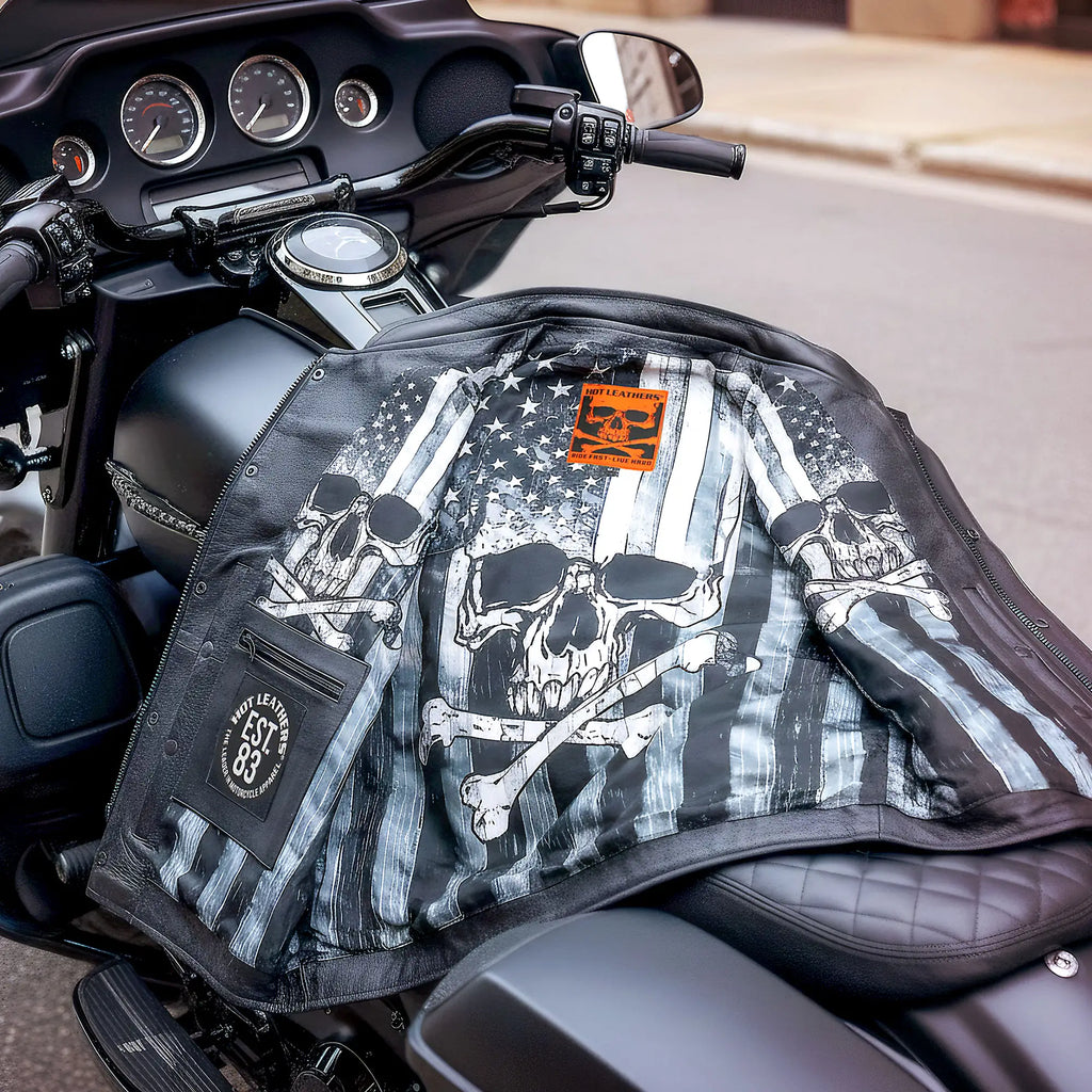 Hot Leathers VSM1054 Men’s Black 'Skull Flag' Motorcycle Club style Conceal and Carry Leather Biker Vest
