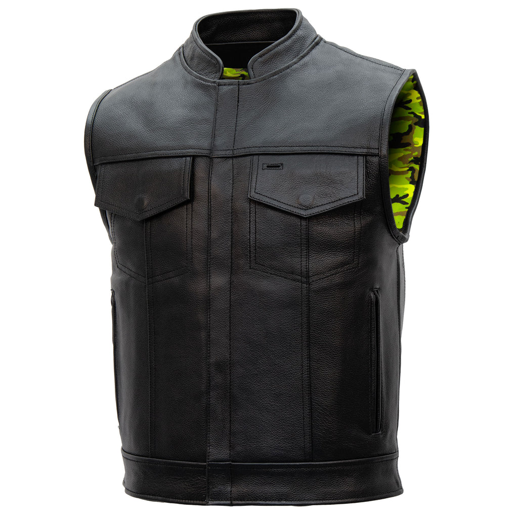 Hot Leathers VSM1058 Men's Black 'Camo Flag' Motorcycle Club Style Conceal and Carry Leather Biker Vest