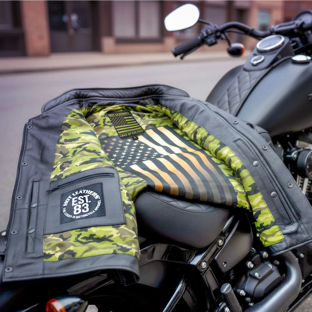 Hot Leathers VSM1058 Men's Black 'Camo Flag' Motorcycle Club Style Conceal and Carry Leather Biker Vest