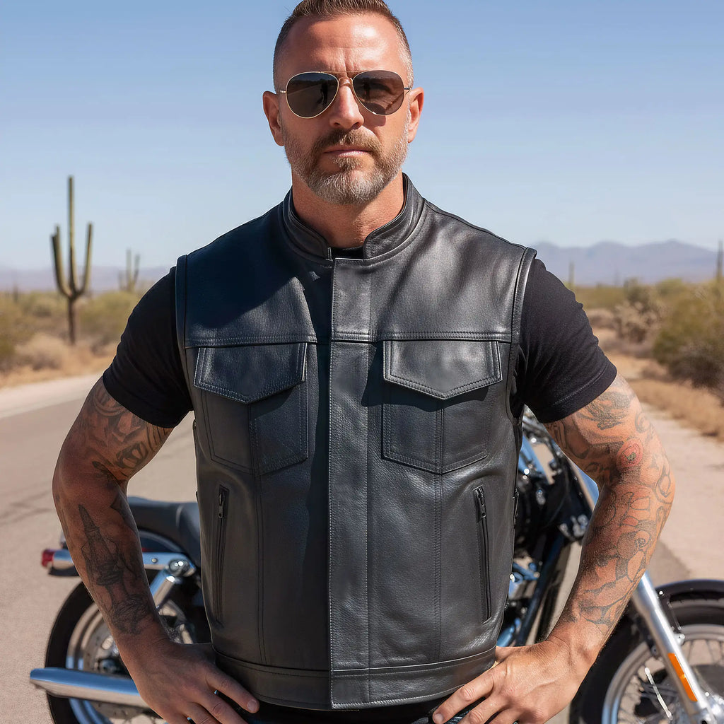 Hot Leathers VSM1058 Men's Black 'Camo Flag' Motorcycle Club Style Conceal and Carry Leather Biker Vest