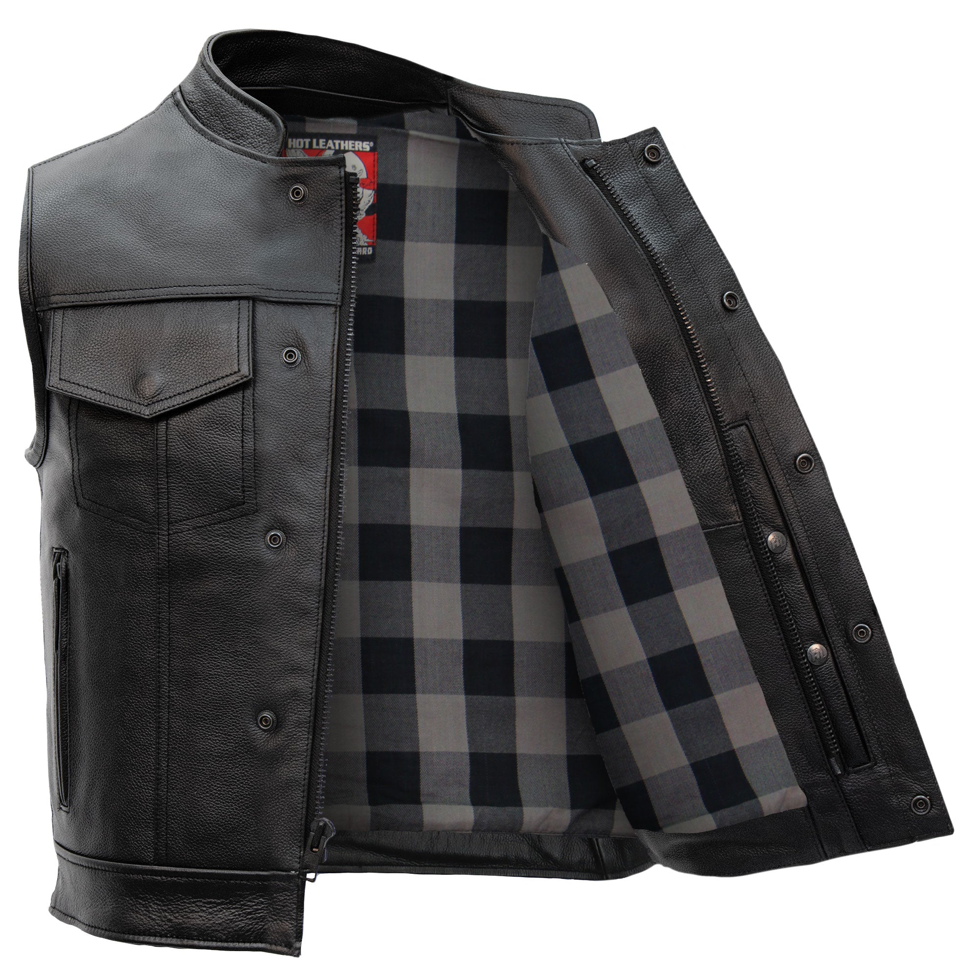 Hot Leathers VSM1059 Men's Black 'Flannel Grey' Motorcycle Club style Conceal and Carry Leather Biker Vest