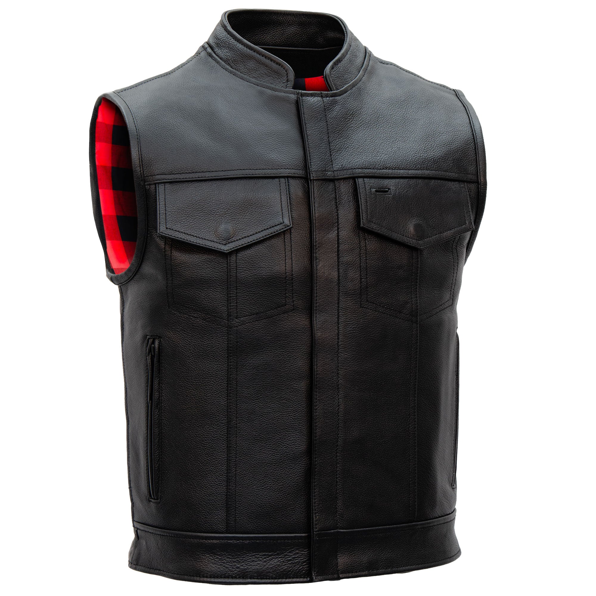 Hot Leathers VSM1060 Men's Black 'Flannel Red' Motorcycle Club Style Conceal and Carry Leather Biker Vest