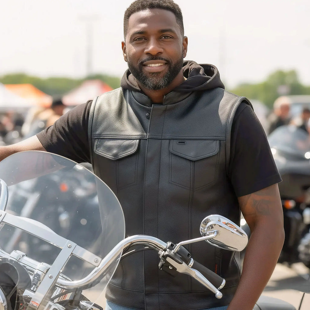 Hot Leathers Leather Motorcycle Biker Club Vest with Hood