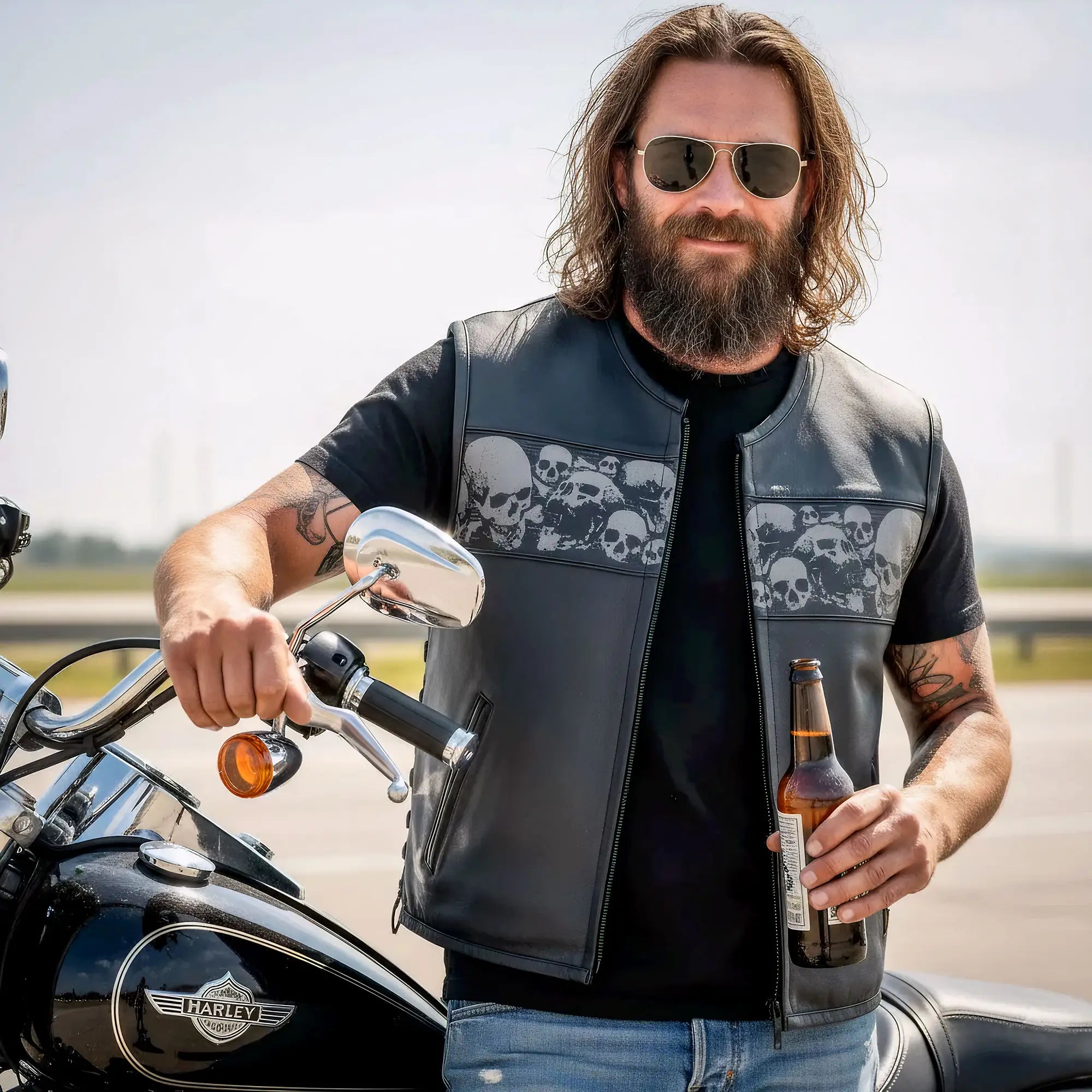 Hot Leathers VSM2003 Men's Black 'Ancient Skulls' Motorcycle Club style Conceal and Carry Leather Biker Vest