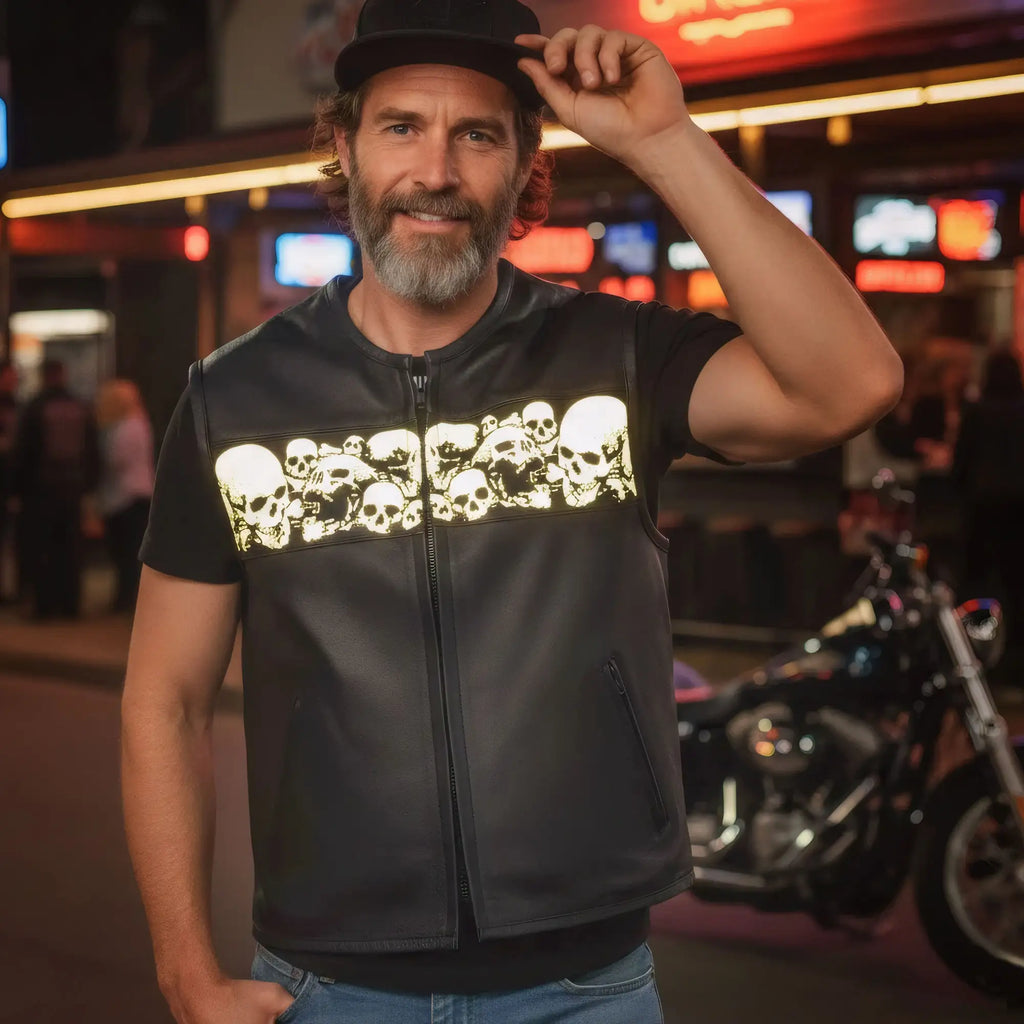 Hot Leathers VSM2003 Men's Black 'Ancient Skulls' Motorcycle Club style Conceal and Carry Leather Biker Vest
