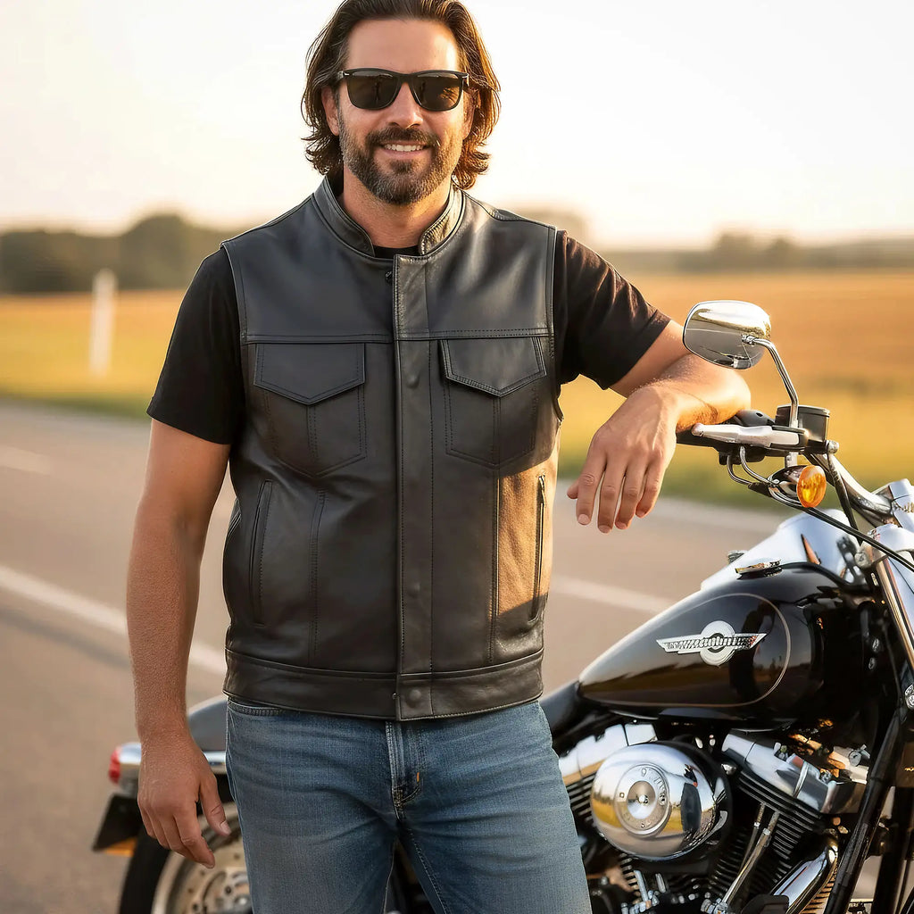 Hot Leathers VSM5004 Men's USA Made Covered Zipper Premium Club Biker Leather Motorcycle Vest