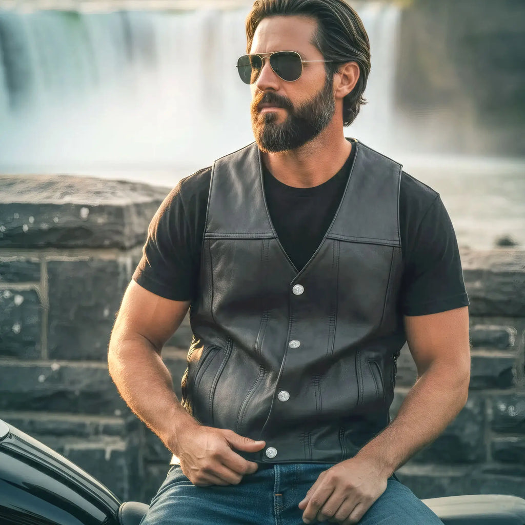 Hot Leathers VSM5005 Men's USA Made Buffalo Nickel Snap Premium Leather Motorcycle Biker Vest