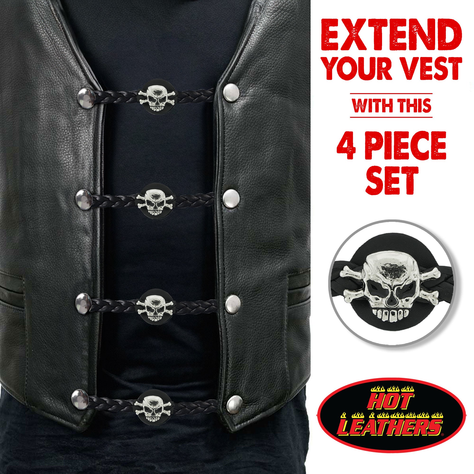 VXL1005- 4 PC SET VEST EXT BRAID SKULL & BONES BLACK 4