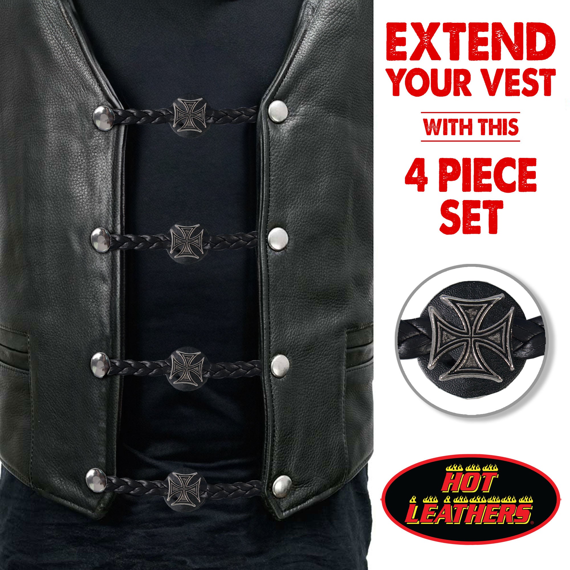 VXL1008- 4 PC SET VEST EXT BRAID IRON CROSS BLACK 4