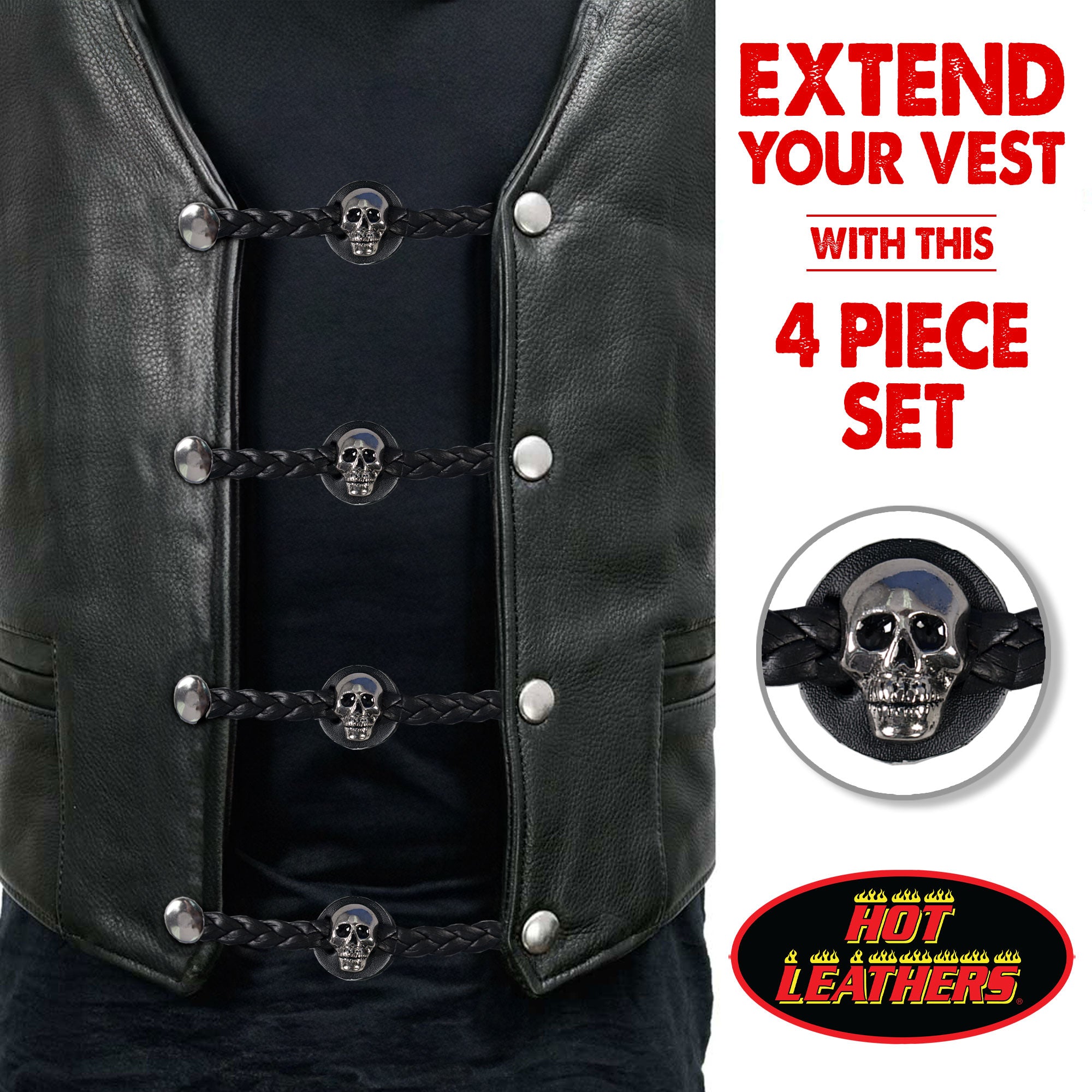 VXL1009- 4 PC SET VEST EXT BRAID SKULL BLACK 4