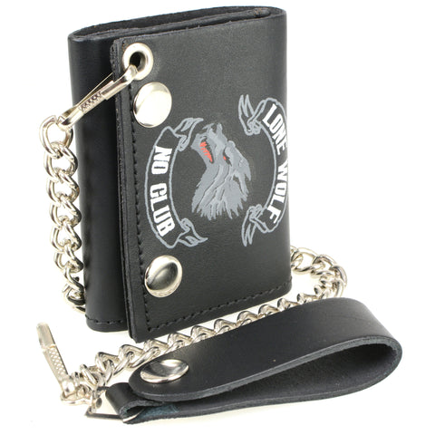 Hot Leathers WLB1007 Lone Wolf Tri-Fold Black Leather Wallet with Chain