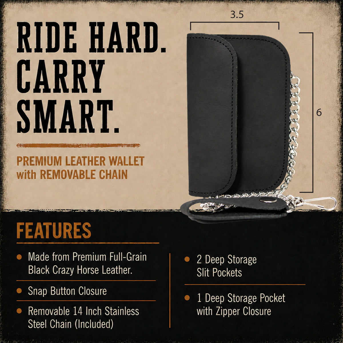 Hot Leathers WLF1002 Bifold  3 pocket Crazy Horse  Black Wallet
